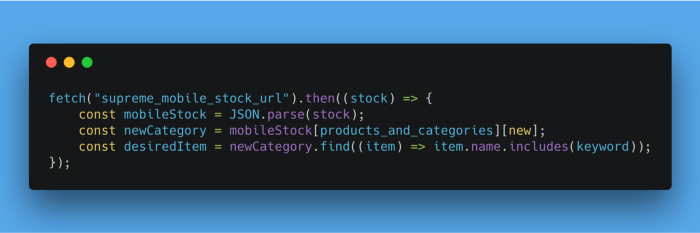 An example of fetching and parsing mobile stock endpoint using Javascript