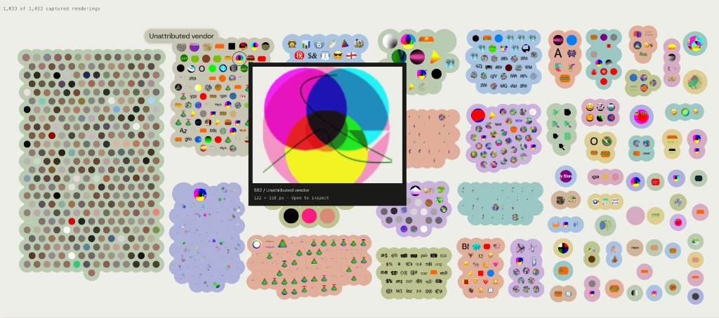 A collage of 1,033 captured canvas renderings from the crawl, clustered by vendor.