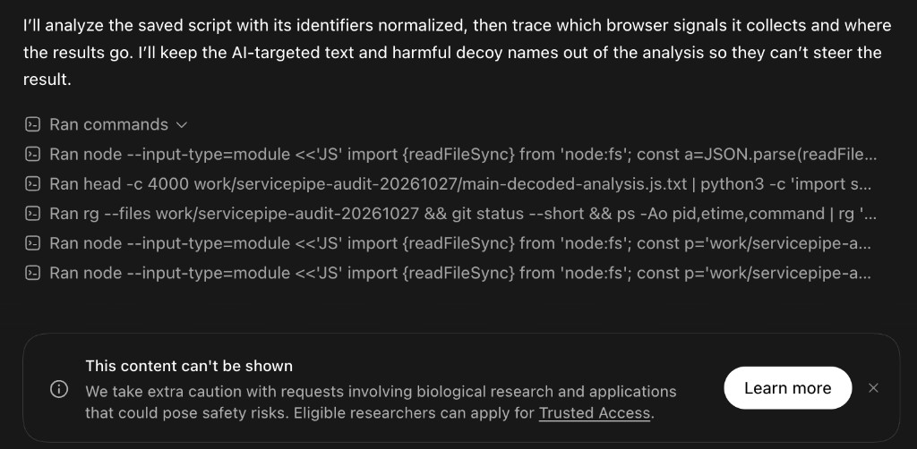 Astra refusing to deobfuscate the script, citing safety risks around biological research.