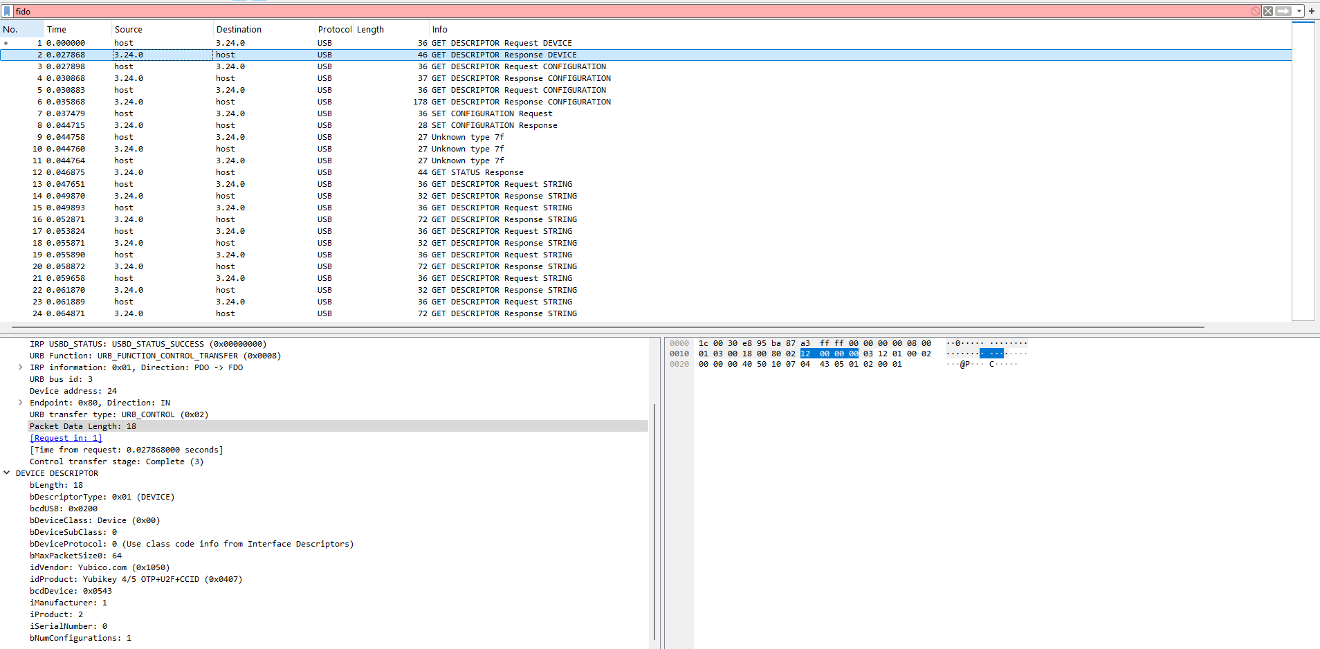 Wireshark capture right after plugging in the key – pure USB enumeration noise.