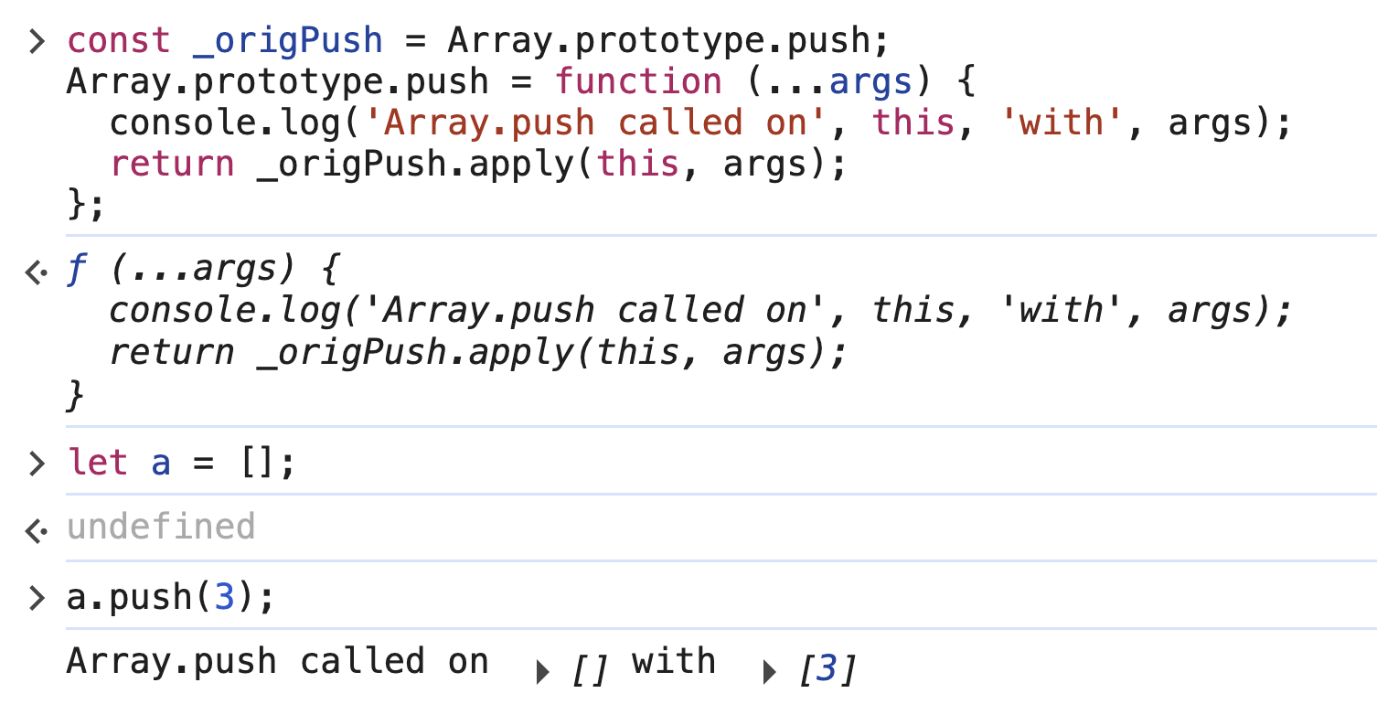 Hooking Array.prototype.push inside the Chrome Devtools