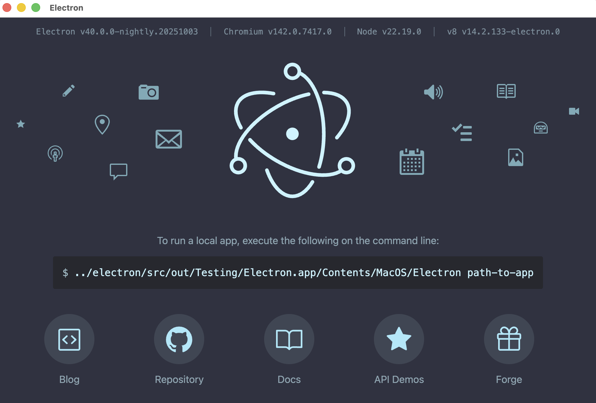 The default "Hello World" page running in our custom Electron build